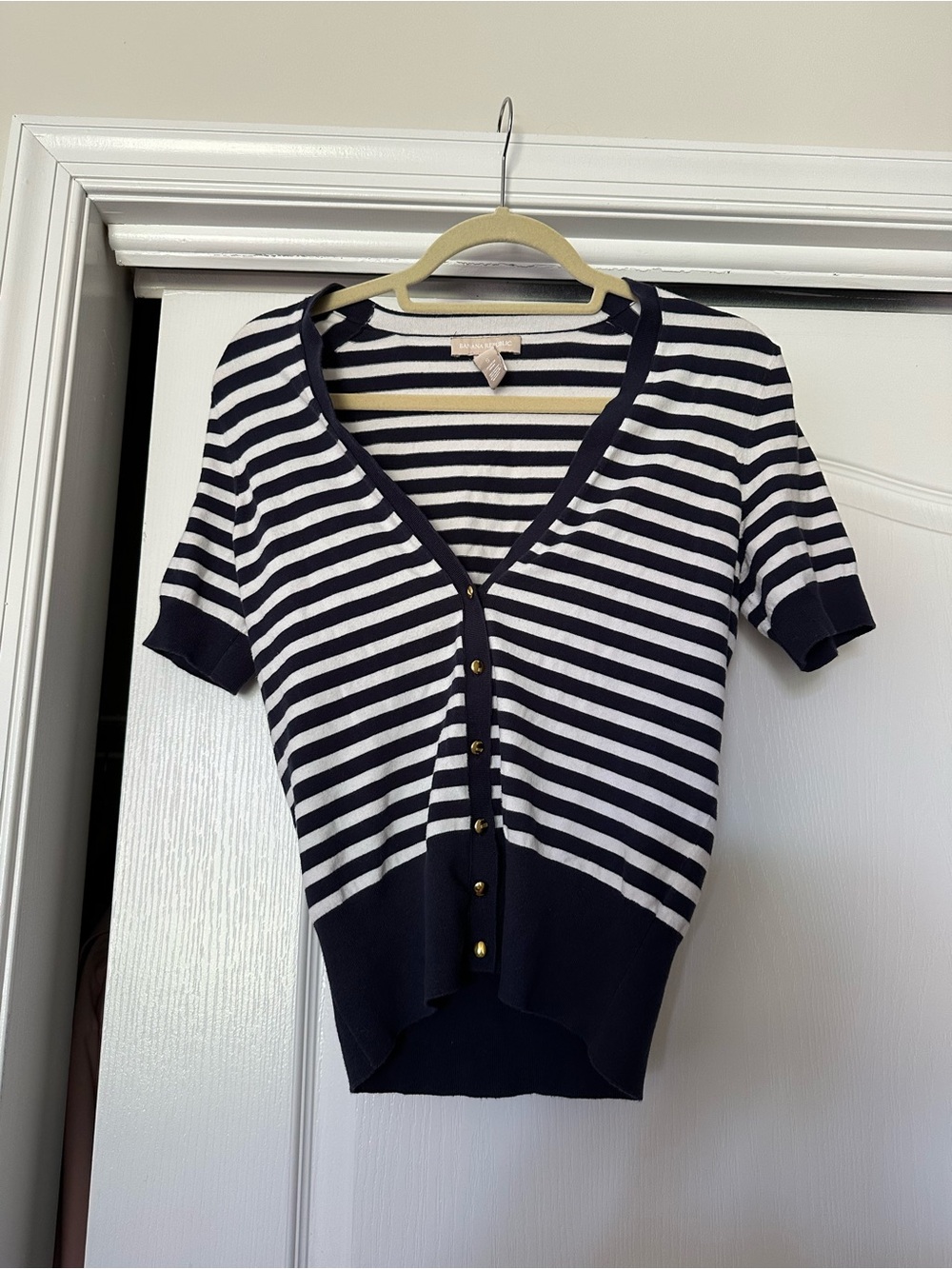 Banana Republic Navy and White Striped Short-Sleeve Button Top